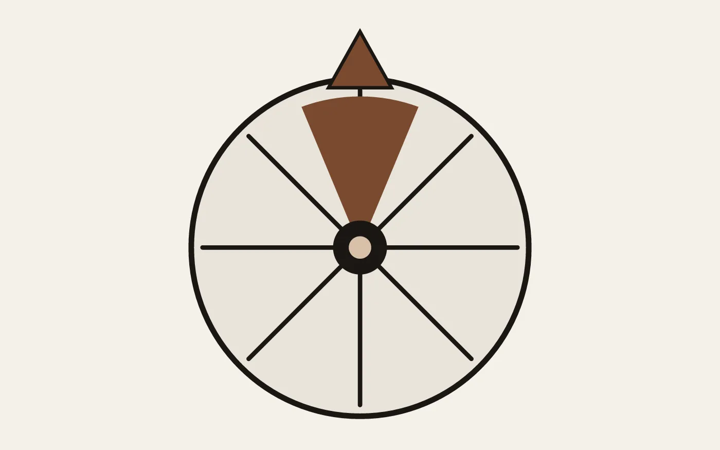 Close detail of the spoke-pointer wheel mark with umber wedge and hub.